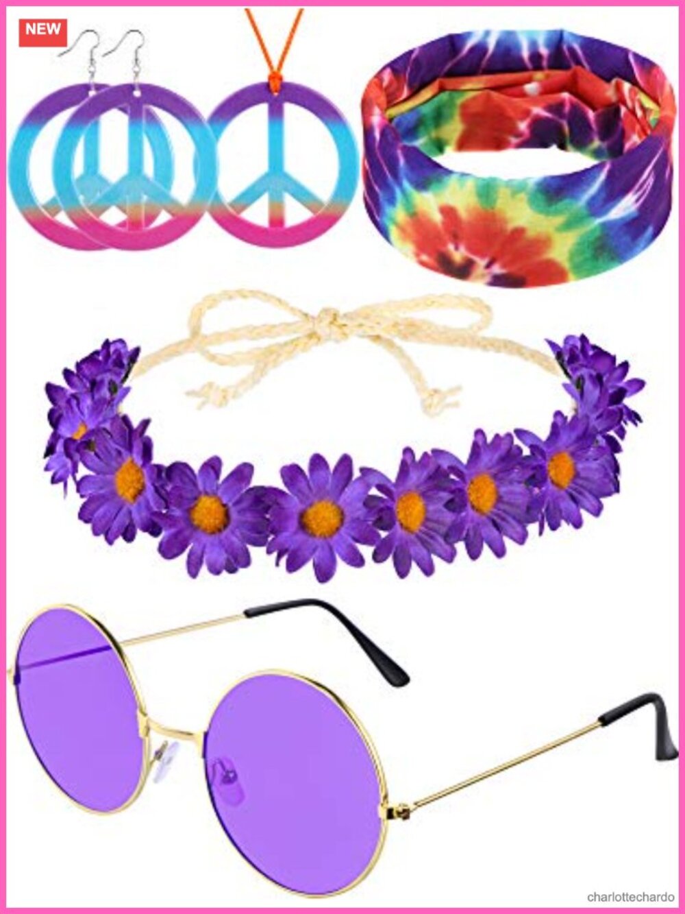 Hippie Costume Accessory Set - Peace Sign Necklace Earrings Sunglasses Headband